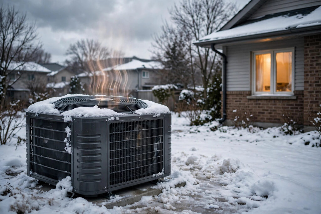 Cold climate heat pump outdoor unit running in snow beside a Toronto home in winter